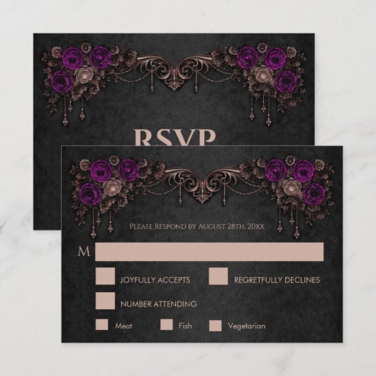 Elegant floral gothic Wedding RSVP Card (Devant / Derrière)