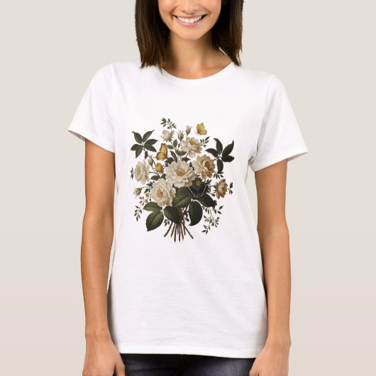 Elegant Floral Graphic & Butterfly T-Shirt (Voorkant)