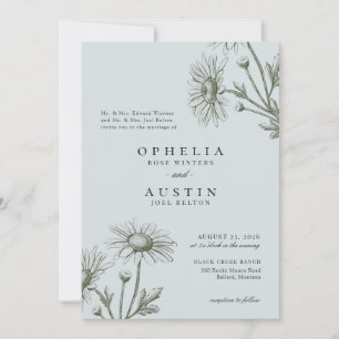 Elegant Floral Green Daisy Sketch Wedding Invitati Kaart