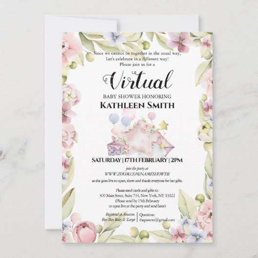 Elegant Floral Greenery Waterverf Virtual Shower Kaart (Voorkant)