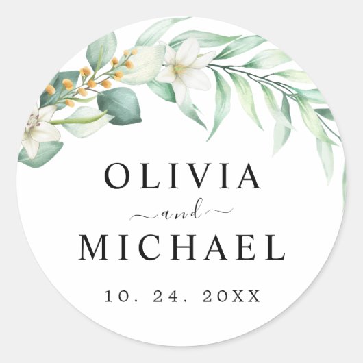 Elegant Floral Greenery Wedding Ronde Sticker (Voorkant)