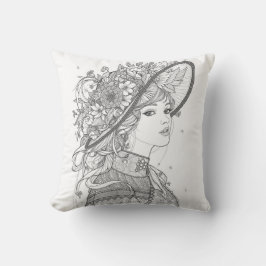 Elegant Floral Hat Lady Portrait Throw Pillow Kussen