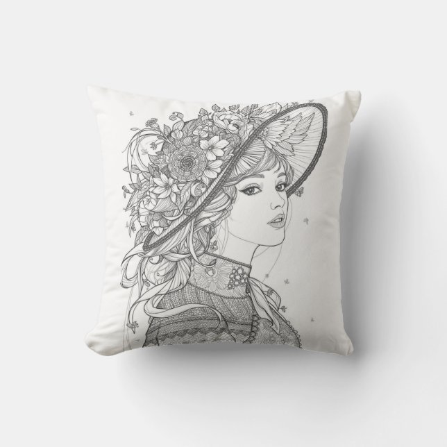 Elegant Floral Hat Lady Portrait Throw Pillow Kussen (Voorkant)