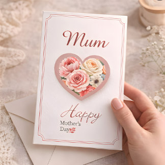 Elegant Floral Heart “Mum” Mother’s Day Card  Kaart