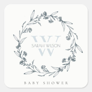 Elegant Floral Laurel Wreath Monogram Baby shower Vierkante Sticker