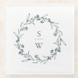Elegant Floral Laurel Wreath Monogram Wedding Glazen Onderzetter