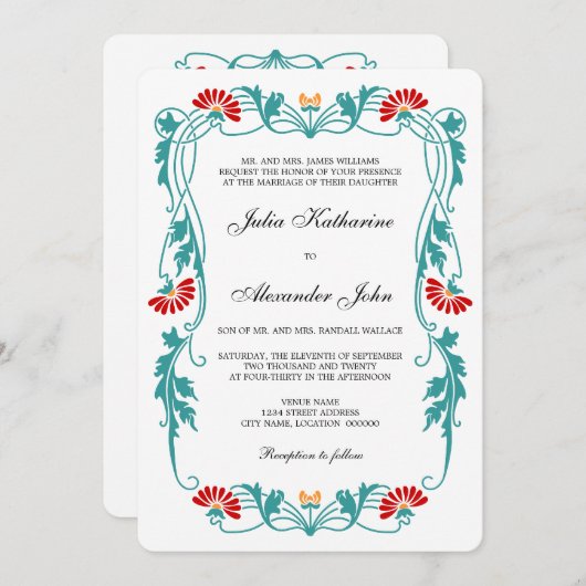 Elegant Floral Leaf and Swirls Invitation Kaart (Voorkant / Achterkant)