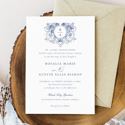 Elegant Floral Leaf Crest Monogram Bruiloft Kaart