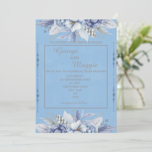 Elégant Floral Light Blue Invitation (Debout devant)