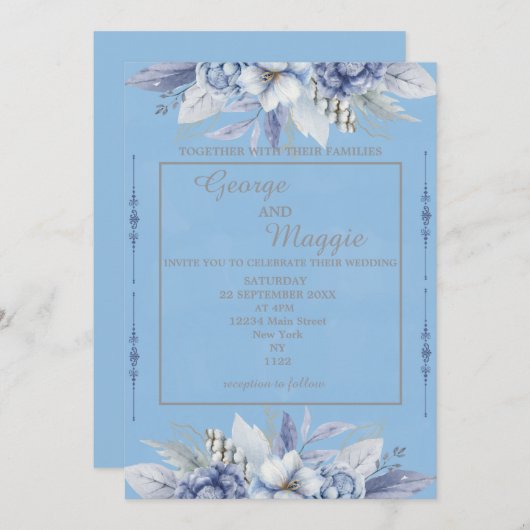 Elégant Floral Light Blue Invitation (Devant / Derrière)