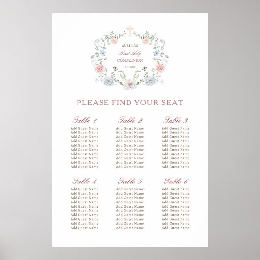 Elegant Floral Lijst Eerste Communie Zitting Grafi Poster (Voorkant)