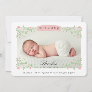 Elegant Floral Lijst Pink Baby Girl Foto geboorted Aankondiging