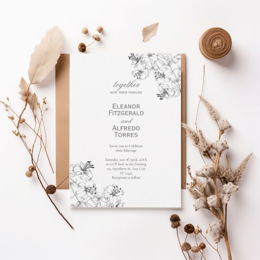 Elegant Floral Line Art Wedding Invitation