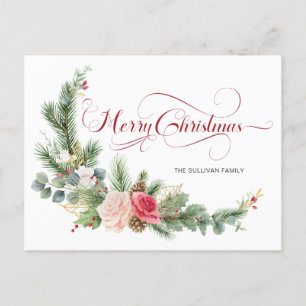 Elegant Floral Merry Kerstkalligrafie Feestdagenkaart