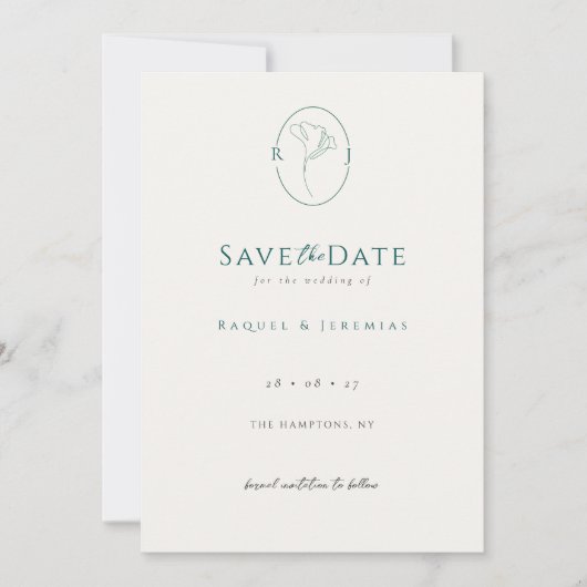 Elegant Floral Monogram Emerald Wedding Save The Date (Voorkant)
