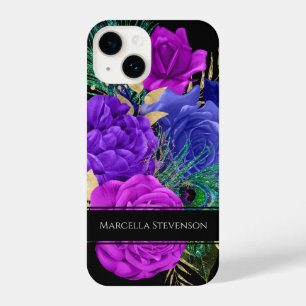 Elegant Floral Monogram Peacock Feather Glitter iPhone 14 Hoesje