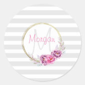 Elegant Floral Monogram roze grijze strepen Ronde Sticker (Voorkant)