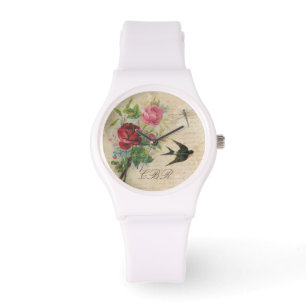 Elegant Floral Monogram Roze Rozen Vogel Dragonfly Horloge