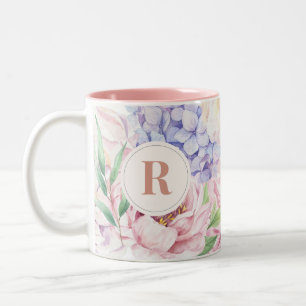 Elegant Floral Monogram Tweekleurige Koffiemok