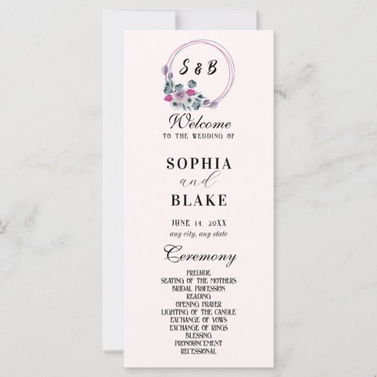 Élégant Floral Monogrammed Cream Wedding Programme (Devant)