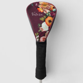 Elegant Floral Name Script Gepersonaliseerd Burgun Golfheadcover