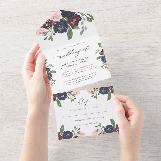 Elegant Floral Navy Blue en Plum | Weddenschap All In One Uitnodiging (Afscheurbaar)