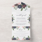 Elegant Floral Navy Blue en Plum | Weddenschap All In One Uitnodiging (Binnen)