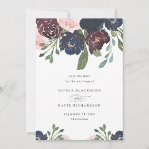 Elegant Floral Navy Blue en Plum   Weddenschap Save The Date