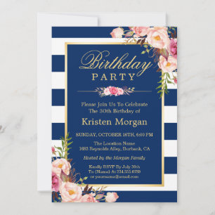 Elegant Floral Navy Blue Stripes Birthday Party Kaart