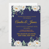 Elegant Floral Navy Blue Wedding Invitation (Devant / Derrière)
