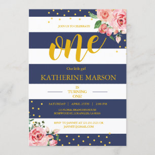 Elegant Floral Navy White Stripes Birthday Party Kaart
