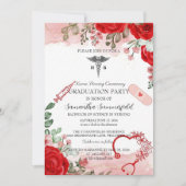 Elegant Floral Nursing Graduation Invitation | Red (Devant)