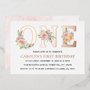 Elegant Floral ONE 1st Birthday Real Folie Uitnodiging