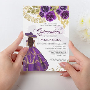 Elegant Floral Paars Violet Horse Quinceañera Kaart