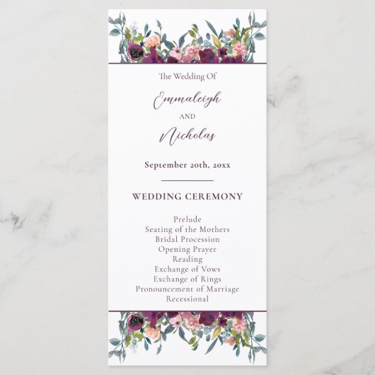 Elegant Floral | Paarse Garland Weddenschap Programma (Voorkant)