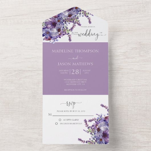 Elegant Floral Paarse Lavender Waterverf All In One Uitnodiging (Binnen)