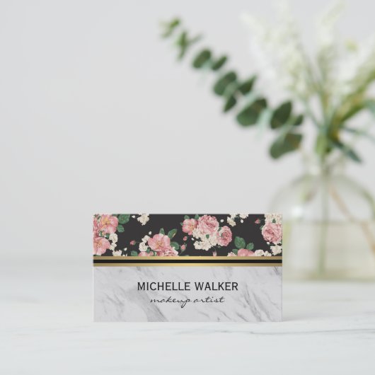 Elegant Floral Pattern Gold Metallic Trim Marble Visitekaartje (Staand voorkant)