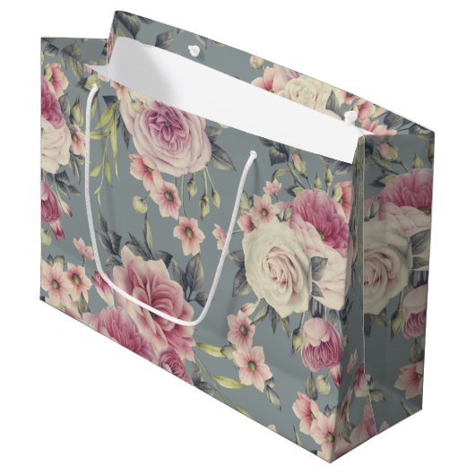 Elegant Floral Pattern of Pink Roses & Flowers Groot Cadeauzakje (Voorkant Gekanteld)