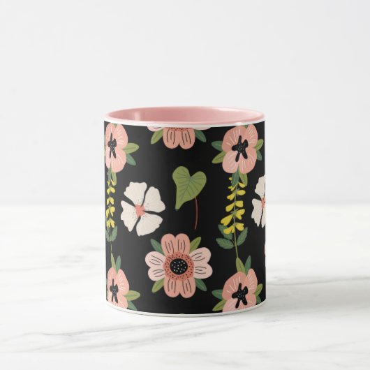 Elegant Floral Pattern on Black | Chic Botanical  Mok (Midden)