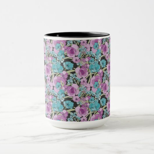Elegant Floral Pattern roze Paarse Black Backgroun Mok (Midden)