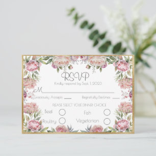 Elegant Floral Peonies Gold Script Weduwschap RSVP Kaartje