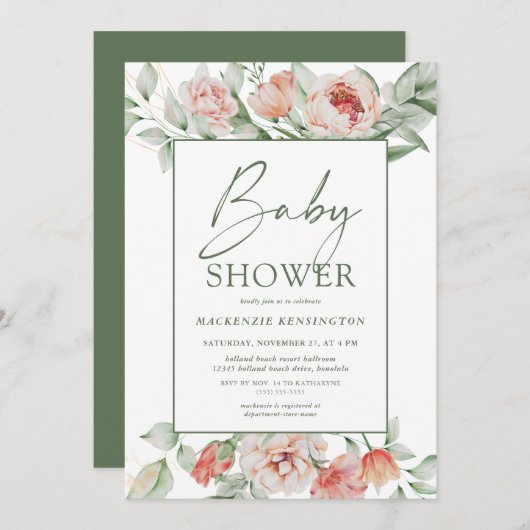 Elegant Floral Peony Greenery Script Baby shower Kaart (Voorkant / Achterkant)