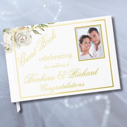 Elégant Floral Photo Mariage Réception Gold Foil
