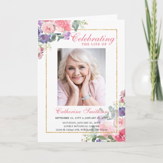 Elegant Floral Photo Memorial Funeral Programme Programma (Voorkant)