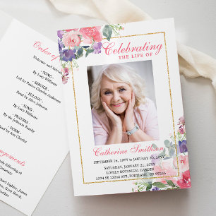 Elegant Floral Photo Memorial Funeral Programme Programma