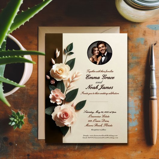 Elegant Floral Photo Wedding Invitation Kaart