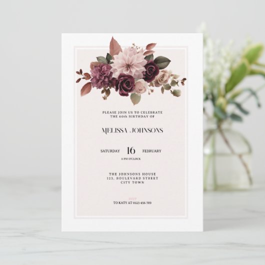 Elegant Floral Pink 60th Birthday Invitation Kaart (Staand voorkant)