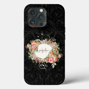 Elegant Floral Pink Black Script Monogram iPhone 13 Pro Hoesje