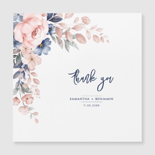 Elegant Floral Pink Blue Wedding Script Hartelijk (Voorkant)