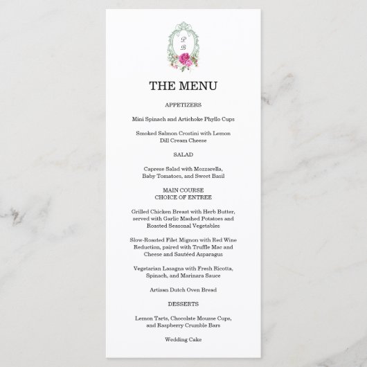 Elegant Floral Pink Peony Monogram Wedding Menu (Voorkant)